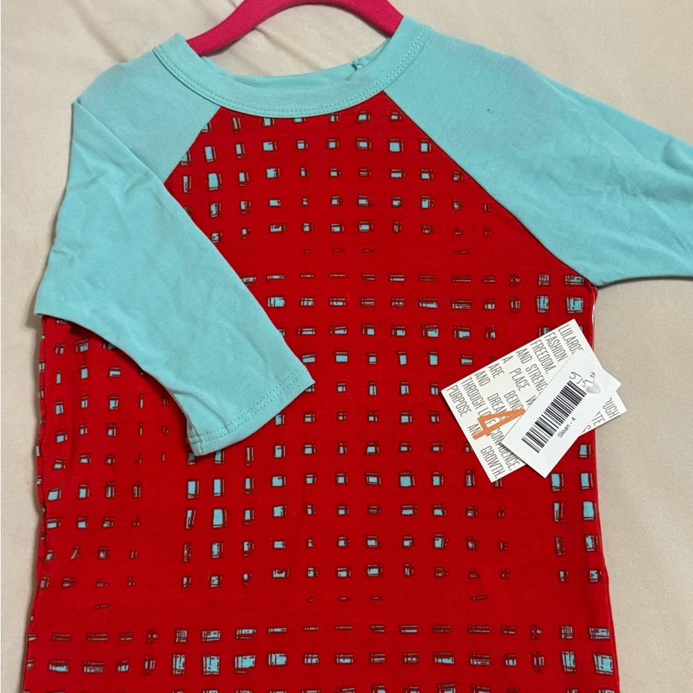 LuLaRoe Kids Red Body with Light Blue Raglan Long Sleeve Top-Sloan Style
